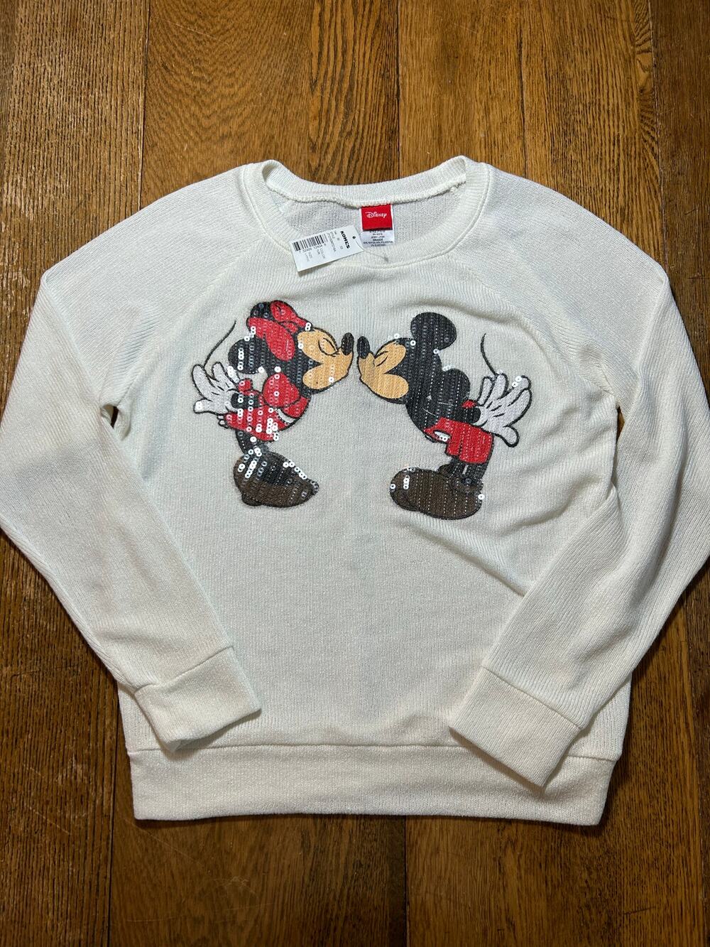 NWT! Vintage Sequin Mickey & Minnie Kissing Sweater Ivory Open Weave Sz L